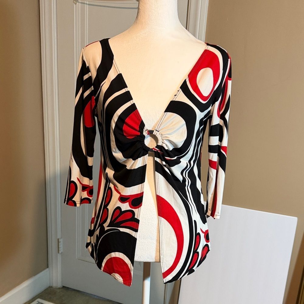 Vintage Only Nine Abstract Print V-Neck Ring Top Red Black White Y2K M/L